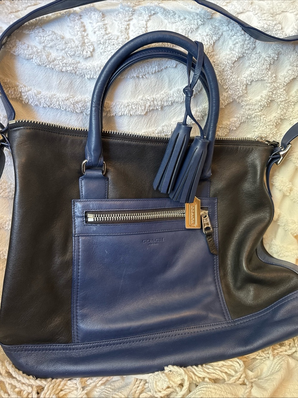Coach Color Block Legacy Rory Bag Purse Tassel Black And Blue